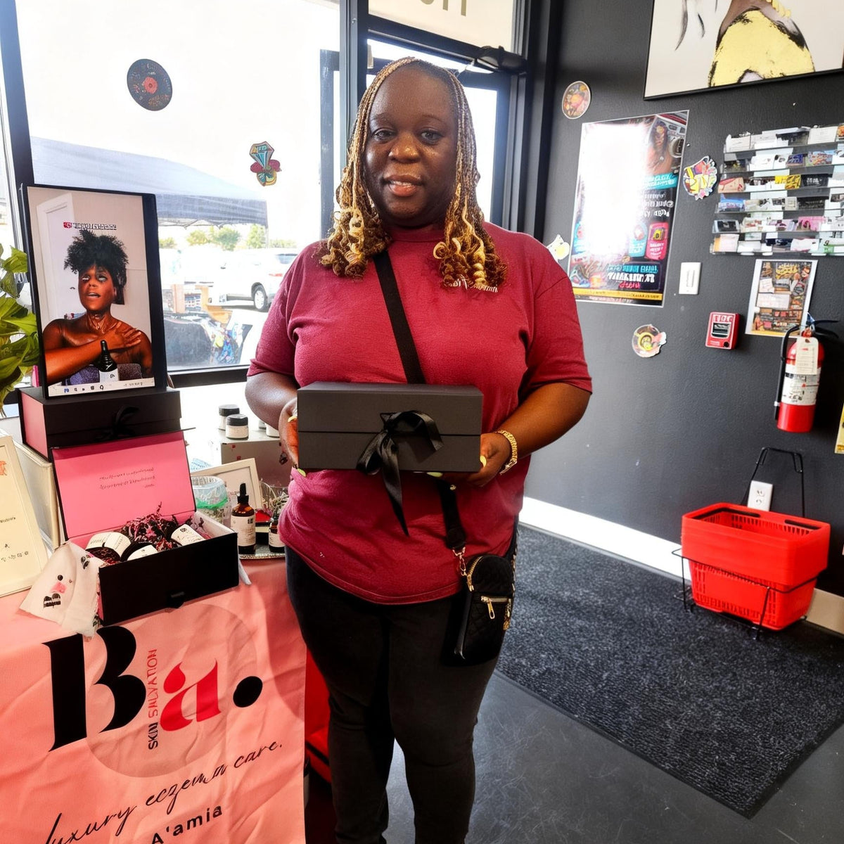 Customer holding a by Aβamia bundle inside A&E Beauty Supply.