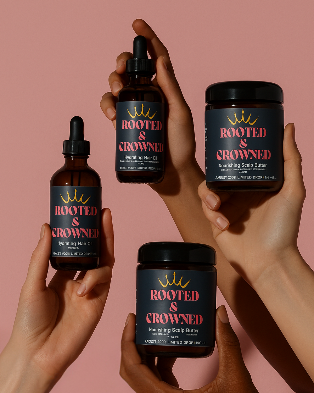 Hands holding Rooted & Crowned Hydrating Hair Oil and Nourishing Scalp Butter together, highlighting the luxury scalp care duo (created with AI).