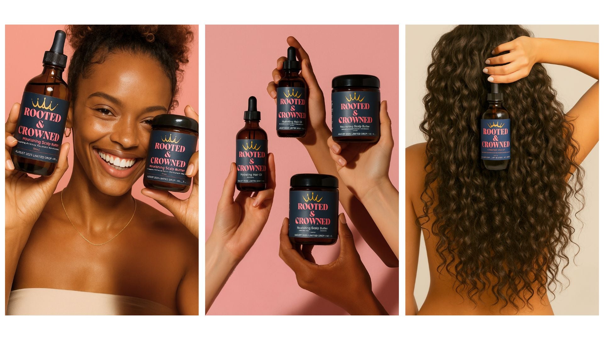 Model smiling while holding Rooted & Crowned Nourishing Scalp Butter and Hydrating Hair Oil, with additional product shots against a pink background and long curly hair showcasing scalp care results.