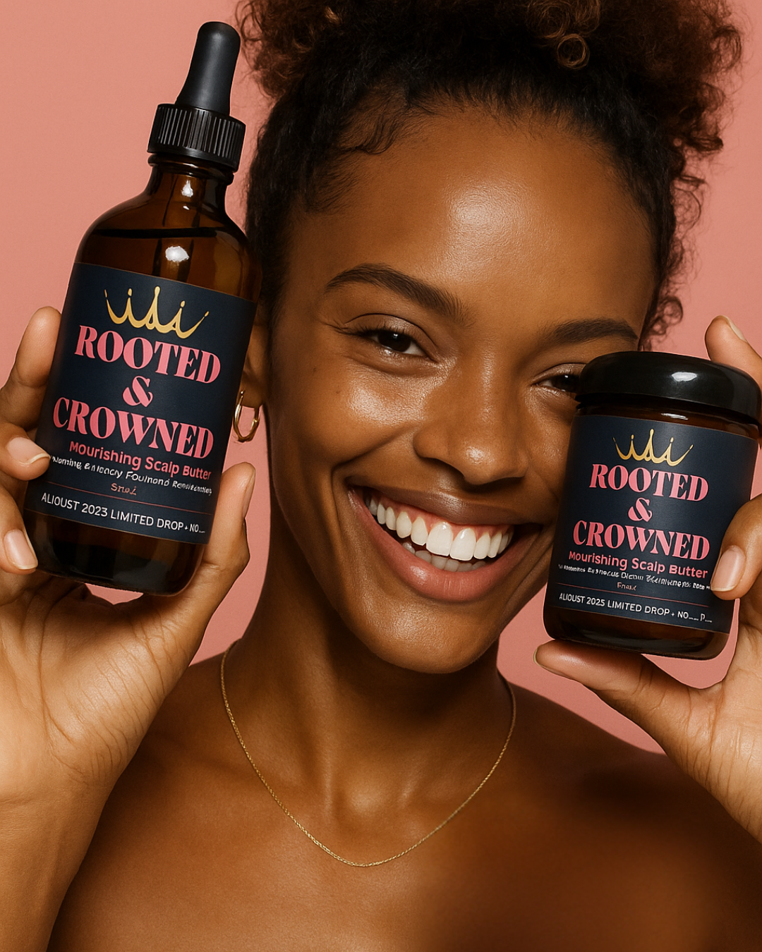Smiling woman holding Rooted & Crowned Hydrating Hair Oil and Nourishing Scalp Butter, showcasing healthy, glowing hair and luxury scalp care (created with AI).