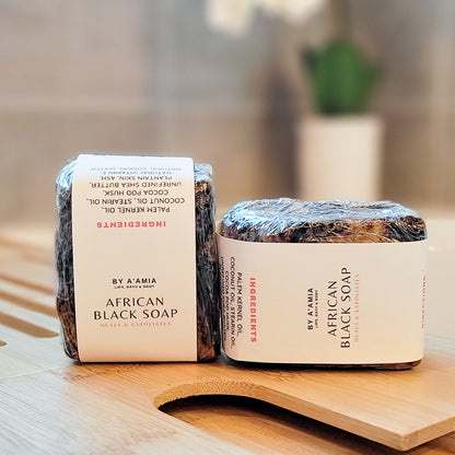 by A’amia African Black Soap shown as the fragrance-free cleansing step for sensitive and eczema-prone skin.