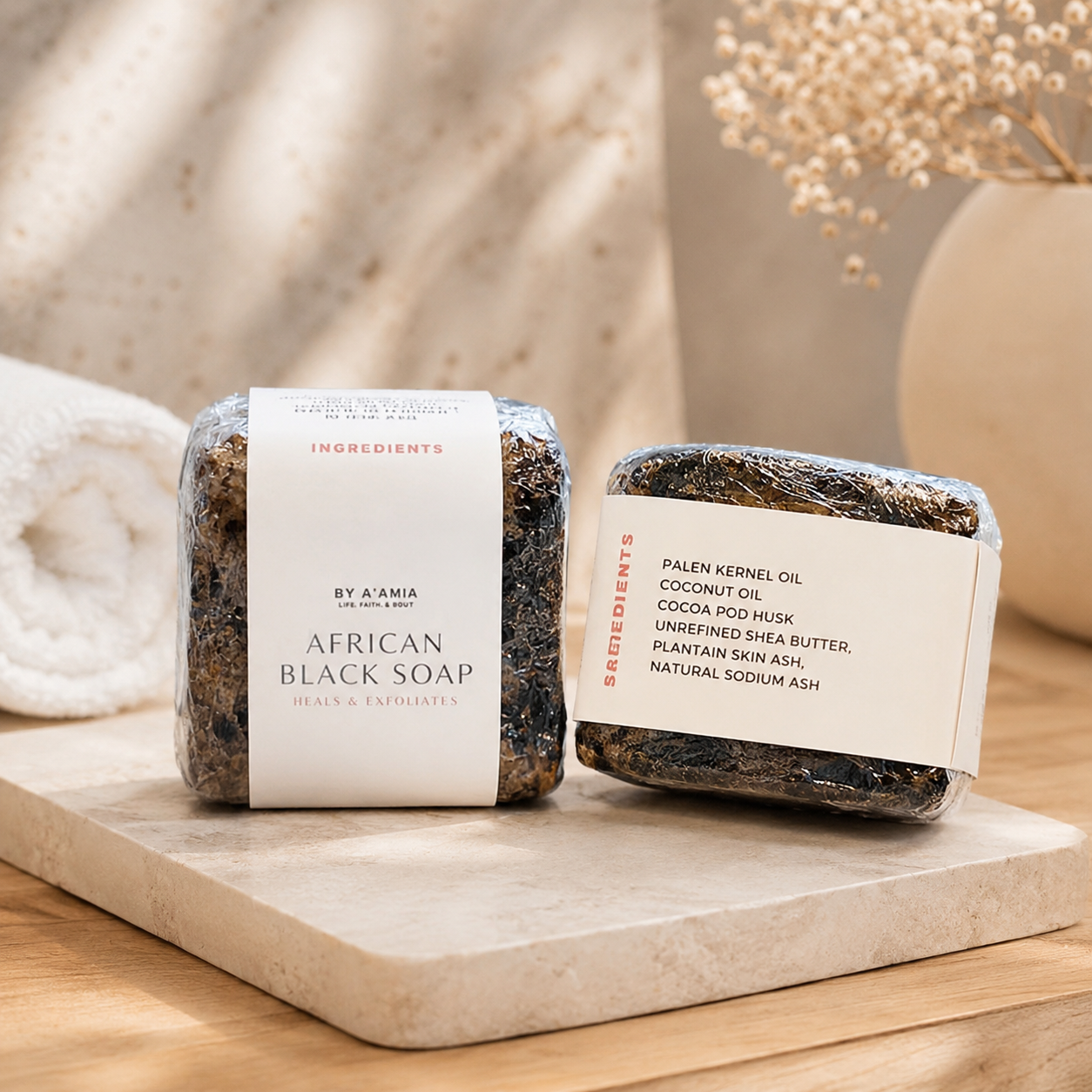 Raw fragrance-free African Black Soap by by A’amia on a light marble surface.