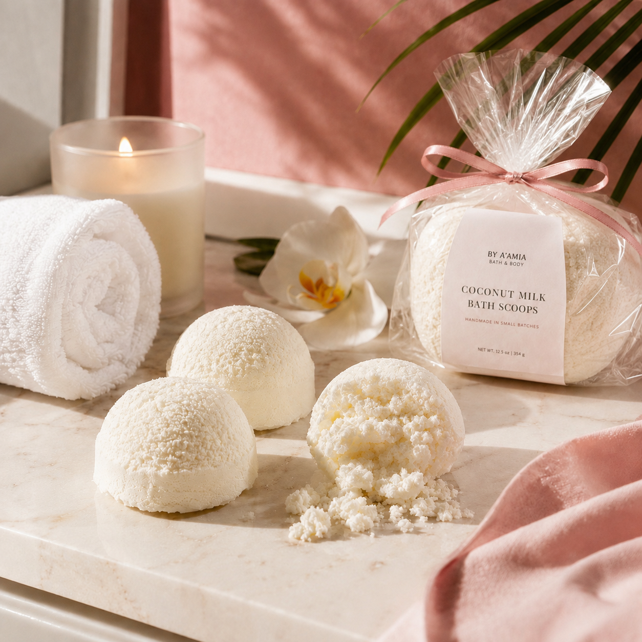 Coconut milk bath spoons by by A'amia Skin Salvation shown in a styled spa setting with a rolled white towel, a lit candle, a white orchid, and a bag of the bath spoons tied with a pink ribbon on a marble surface.
