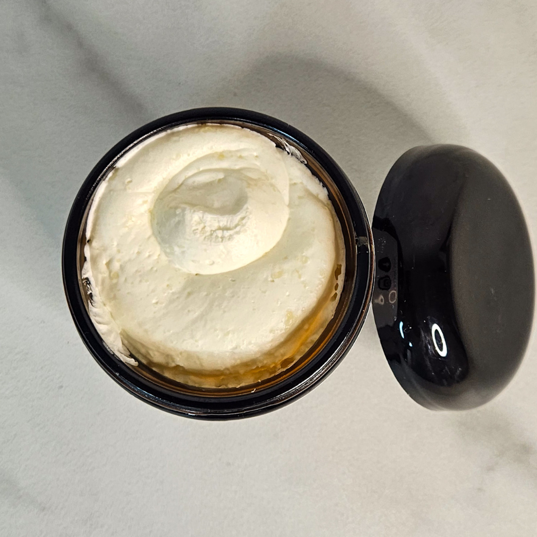 Above, open jar of body butter for eczema and dry skin.