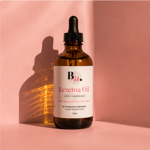 An amber glass dropper bottle of Biotop Eczema Oil with a white label, set against a warm pink background with a soft shadow cast to the left.