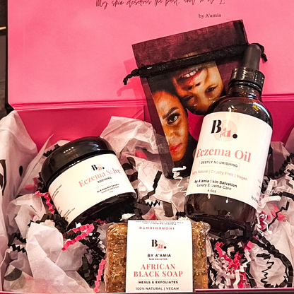 by A’amia Soothing Summer Bundle featuring African Black Soap, Eczema Oil, and Eczema Salve for a simple three-step summer ritual.