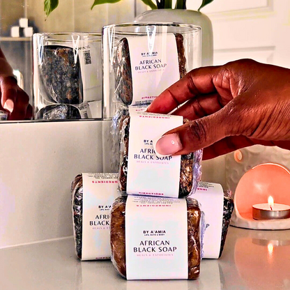 African Black Soap product education for creating a gentle lather before cleansing face, body, or hair.