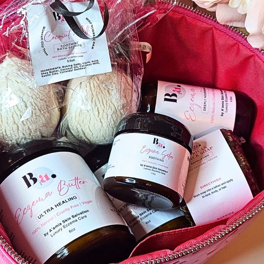 Eczema skin care bundle- eczema salve, eczema butter, eczema oil, african black soap, coconut milk bath scoops