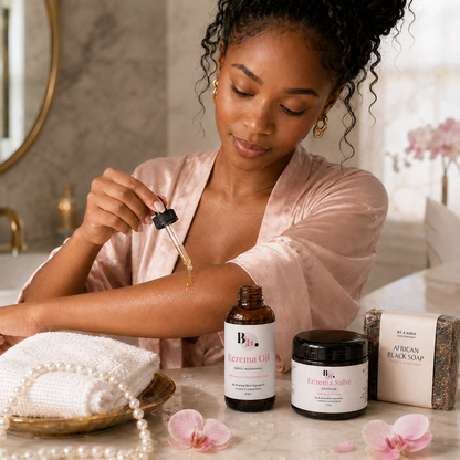 Lifestyle scene featuring the by A’amia Soothing Summer Bundle as a three-step fragrance-free summer skin ritual.