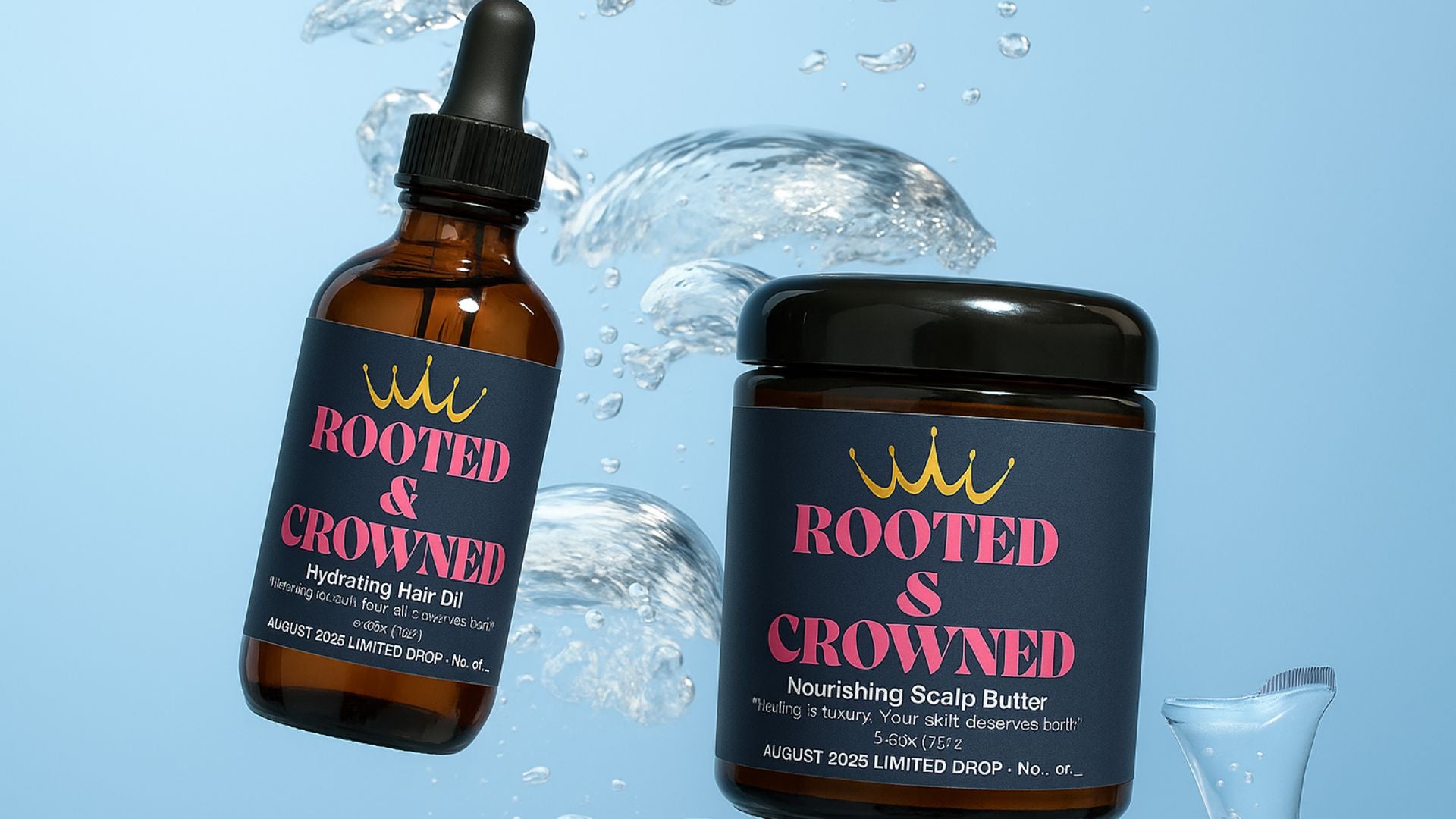 Load video: Rooted &amp; Crowned scalp care ritual video showing Nourishing Hair Oil and Scalp Butter dropping into clear water, symbolizing deep hydration, scalp healing, and luxury hair care.